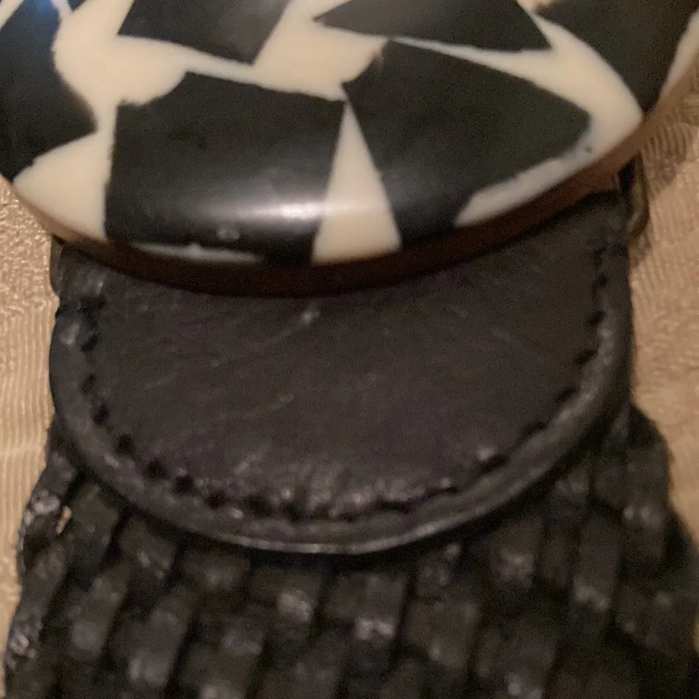 Chico’s Black & White Mosaic Round  Buckle Braided Leather Belt